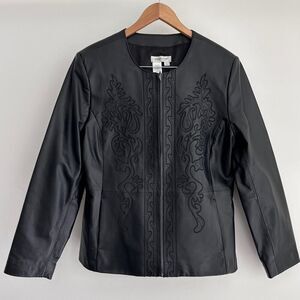 Vintage Leather Jacket Womens Large Embroidery Boho Chic Artsy Festival Vampire